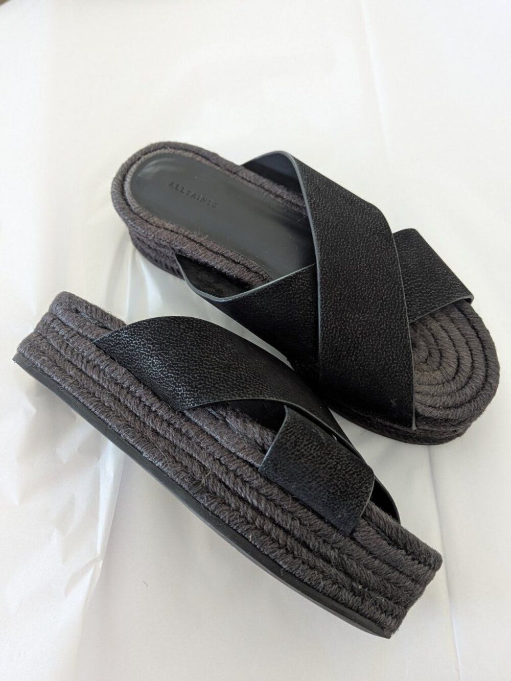 AllSaints Harlem Black Leather Platform Espadrille Sandals